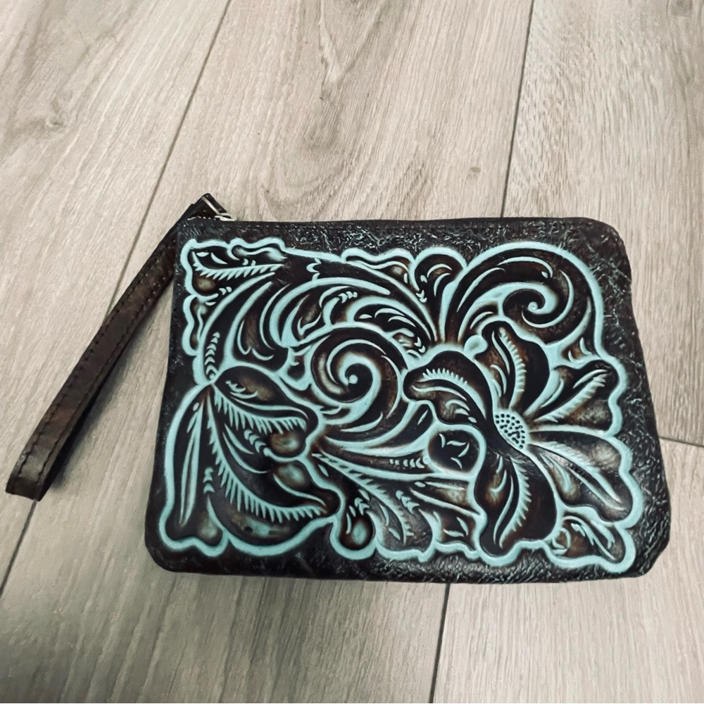 Patricia Nash Cassini Leather Wristlet Tooled Leather Turquoise Brown